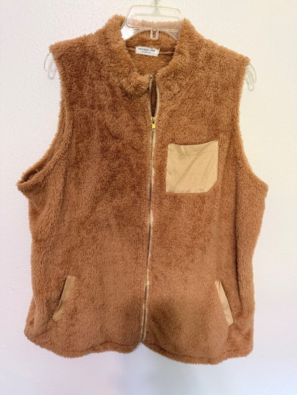 Chicsoul Full Zip Vest Brown Fuzzy Fleece Pocket Womans XL